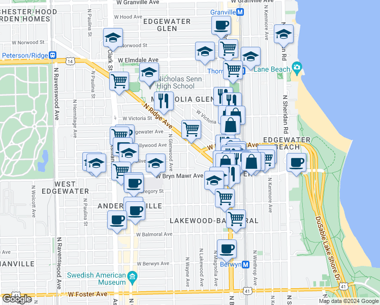 map of restaurants, bars, coffee shops, grocery stores, and more near 5680 North Ridge Avenue in Chicago
