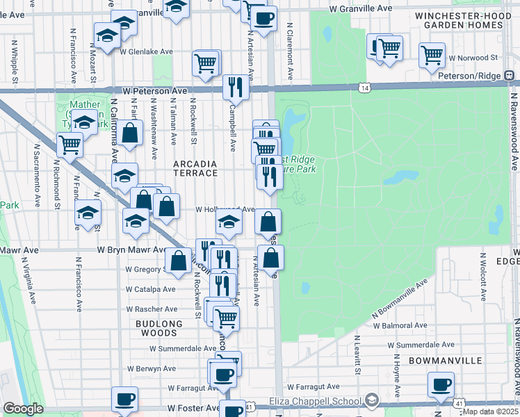 map of restaurants, bars, coffee shops, grocery stores, and more near 5700 North Western Avenue in Chicago