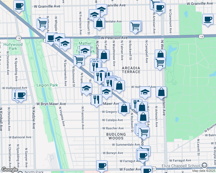 map of restaurants, bars, coffee shops, grocery stores, and more near 5681 North Lincoln Avenue in Chicago