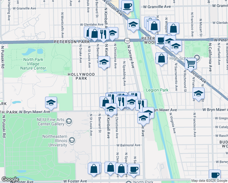 map of restaurants, bars, coffee shops, grocery stores, and more near 5701 North Christiana Avenue in Chicago