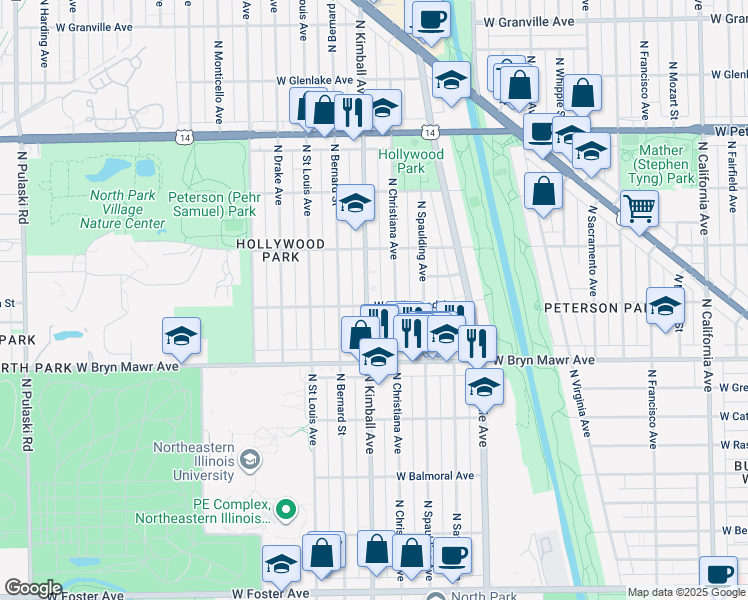 map of restaurants, bars, coffee shops, grocery stores, and more near 5700 North Kimball Avenue in Chicago