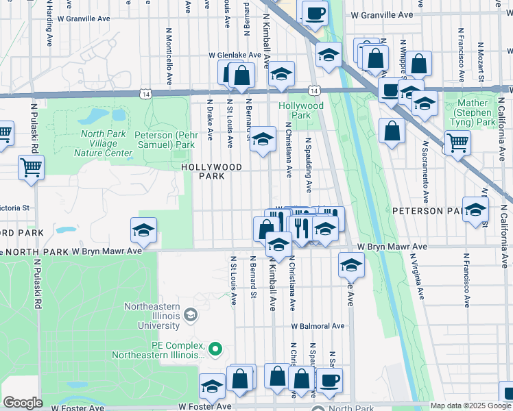 map of restaurants, bars, coffee shops, grocery stores, and more near 5700 North Kimball Avenue in Chicago