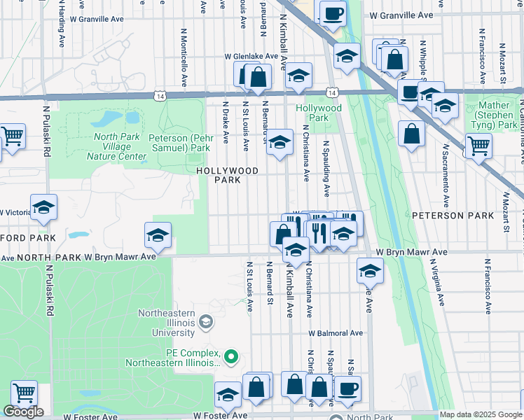 map of restaurants, bars, coffee shops, grocery stores, and more near 5706 North Bernard Street in Chicago