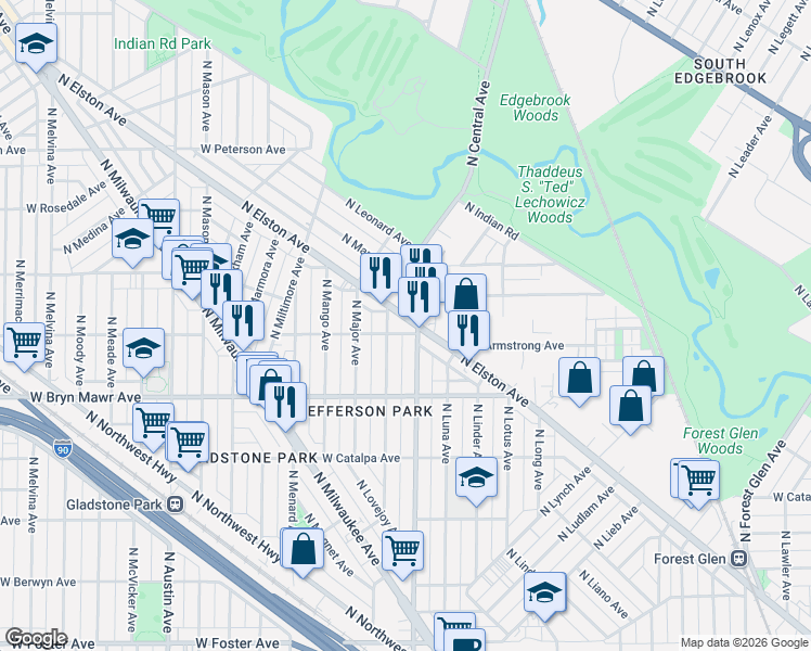 map of restaurants, bars, coffee shops, grocery stores, and more near 5700 West Seminole Street in Chicago