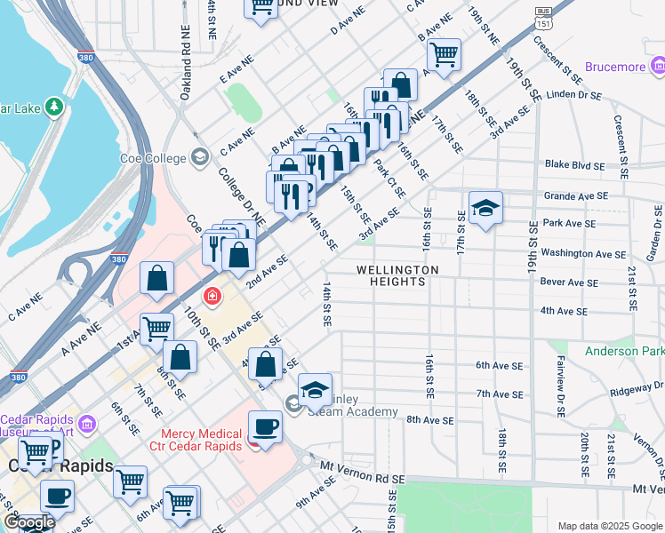 map of restaurants, bars, coffee shops, grocery stores, and more near 1320 3rd Avenue Southeast in Cedar Rapids