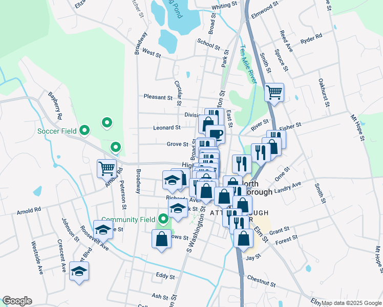map of restaurants, bars, coffee shops, grocery stores, and more near 20 Broad Street in North Attleborough