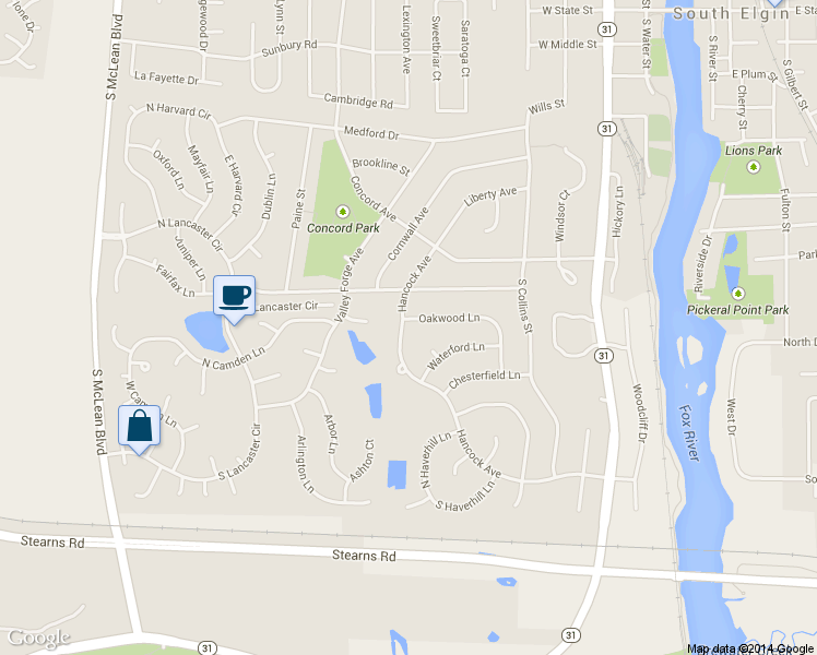 map of restaurants, bars, coffee shops, grocery stores, and more near 897 Oakwood Lane in South Elgin