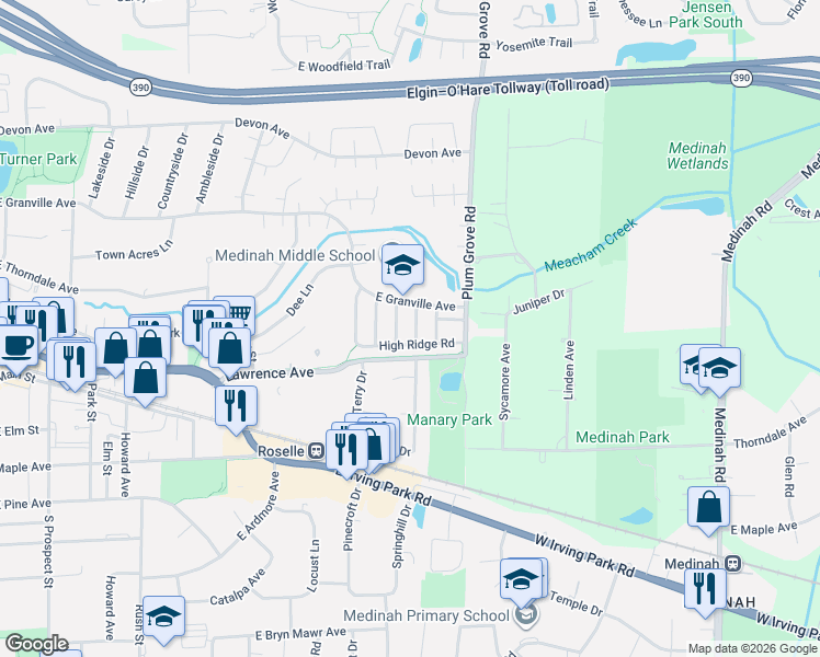 map of restaurants, bars, coffee shops, grocery stores, and more near 44 Lake Point Drive in Roselle