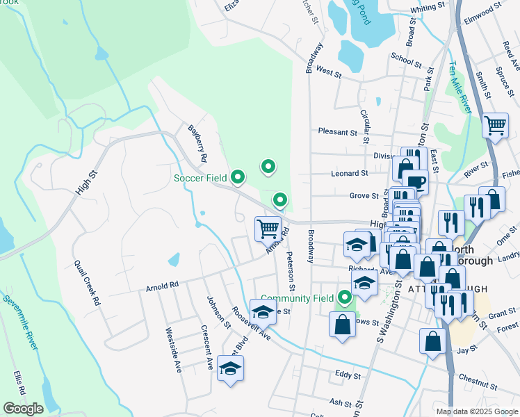 map of restaurants, bars, coffee shops, grocery stores, and more near 194 High Street in North Attleborough