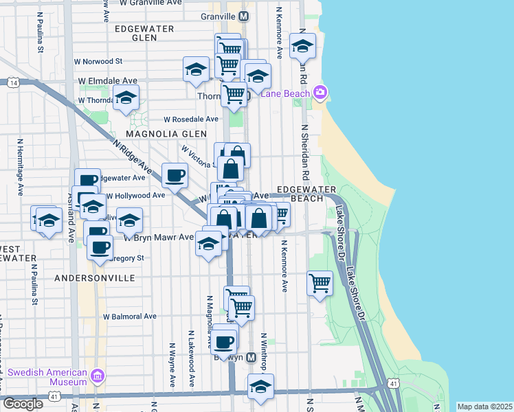 map of restaurants, bars, coffee shops, grocery stores, and more near 5648 North Winthrop Avenue in Chicago