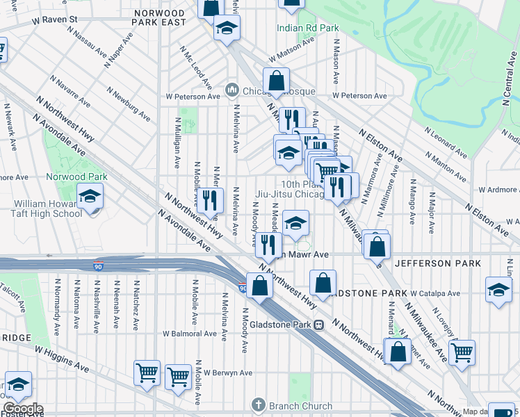 map of restaurants, bars, coffee shops, grocery stores, and more near 5707 North Moody Avenue in Chicago