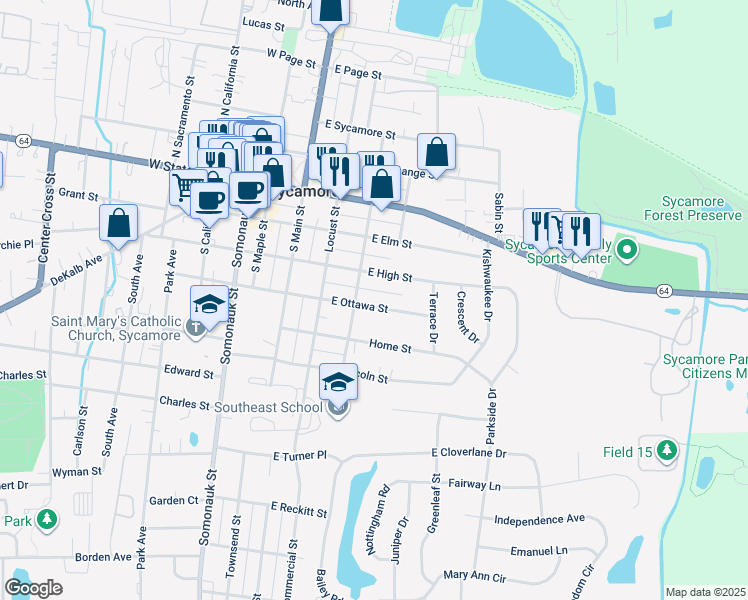 map of restaurants, bars, coffee shops, grocery stores, and more near 319 East Ottawa Street in Sycamore