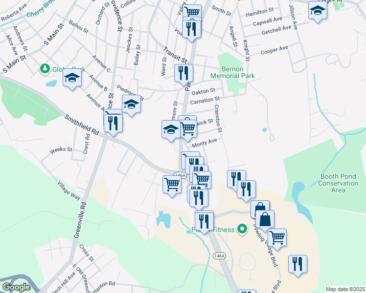 map of restaurants, bars, coffee shops, grocery stores, and more near 1338 Park Avenue in Woonsocket