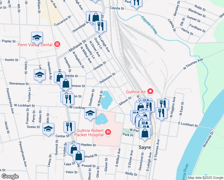 map of restaurants, bars, coffee shops, grocery stores, and more near 201-299 Stevenson St in Sayre