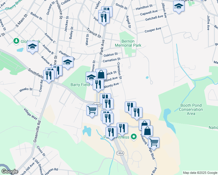 map of restaurants, bars, coffee shops, grocery stores, and more near 53 Monty Avenue in Woonsocket