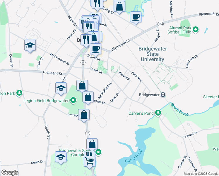 map of restaurants, bars, coffee shops, grocery stores, and more near 30 Springhill Avenue in Bridgewater