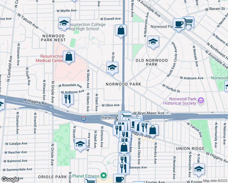 map of restaurants, bars, coffee shops, grocery stores, and more near 5700 North Harlem Avenue in Chicago