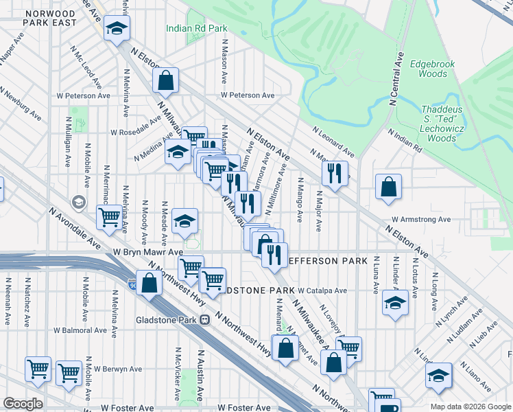 map of restaurants, bars, coffee shops, grocery stores, and more near 5702 North Miltmore Avenue in Chicago