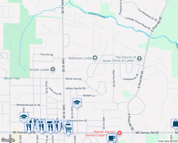 map of restaurants, bars, coffee shops, grocery stores, and more near 340 Trailridge Road Southeast in Cedar Rapids