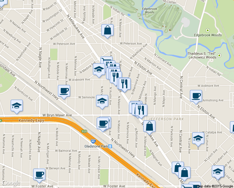 map of restaurants, bars, coffee shops, grocery stores, and more near 5706 North Mason Avenue in Chicago