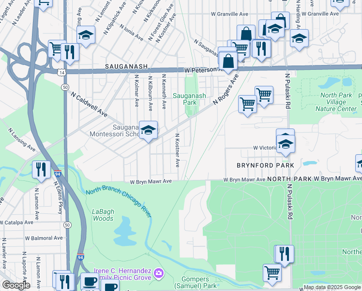 map of restaurants, bars, coffee shops, grocery stores, and more near 5717 North Kostner Avenue in Chicago