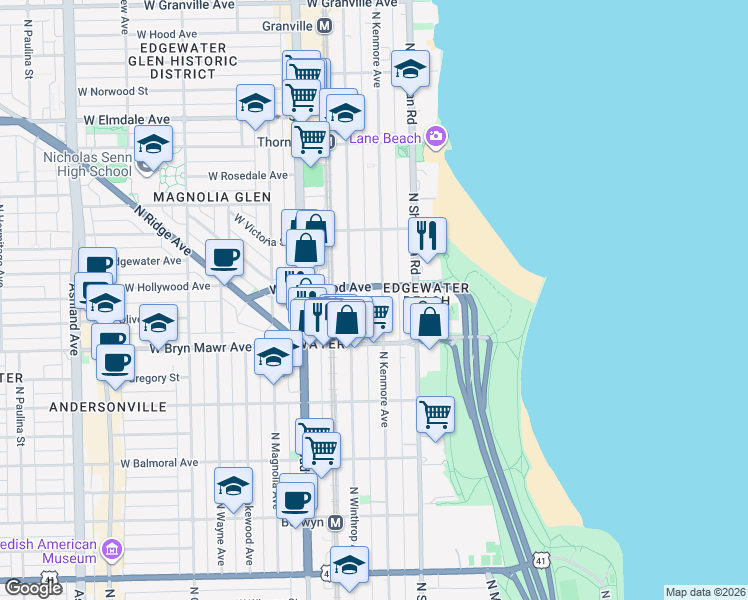 map of restaurants, bars, coffee shops, grocery stores, and more near 5646 North Kenmore Avenue in Chicago