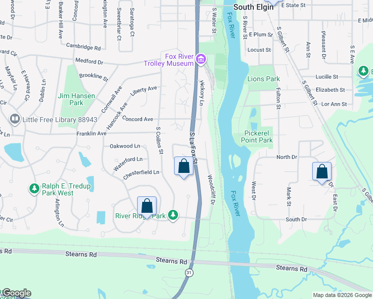 map of restaurants, bars, coffee shops, grocery stores, and more near 295 Woodridge Circle in South Elgin