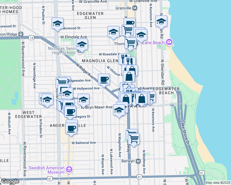 map of restaurants, bars, coffee shops, grocery stores, and more near 5661 North Ridge Avenue in Chicago