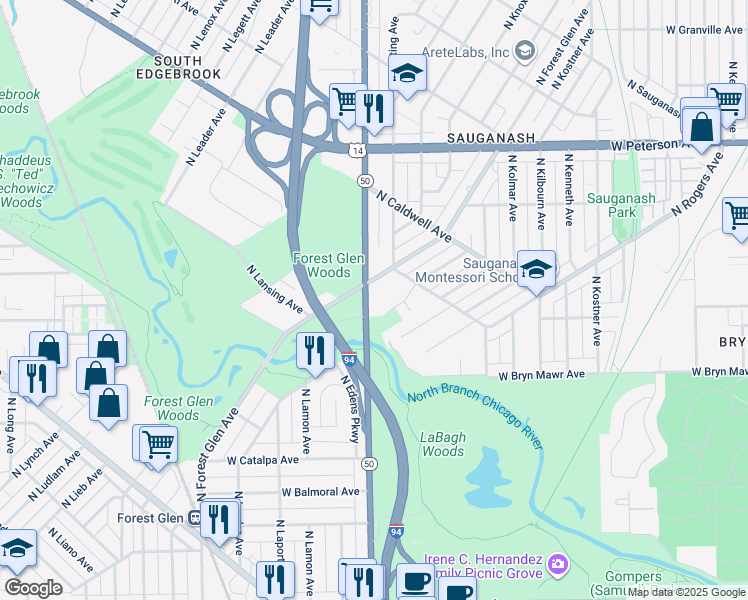 map of restaurants, bars, coffee shops, grocery stores, and more near 5729 Illinois 50 in Chicago