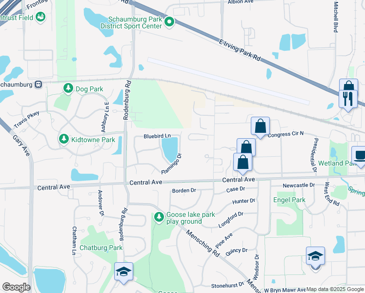 map of restaurants, bars, coffee shops, grocery stores, and more near 93 Flamingo Drive in Roselle