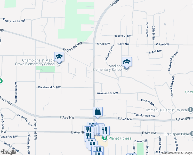 map of restaurants, bars, coffee shops, grocery stores, and more near 1315 Edgewood Road Northwest in Cedar Rapids