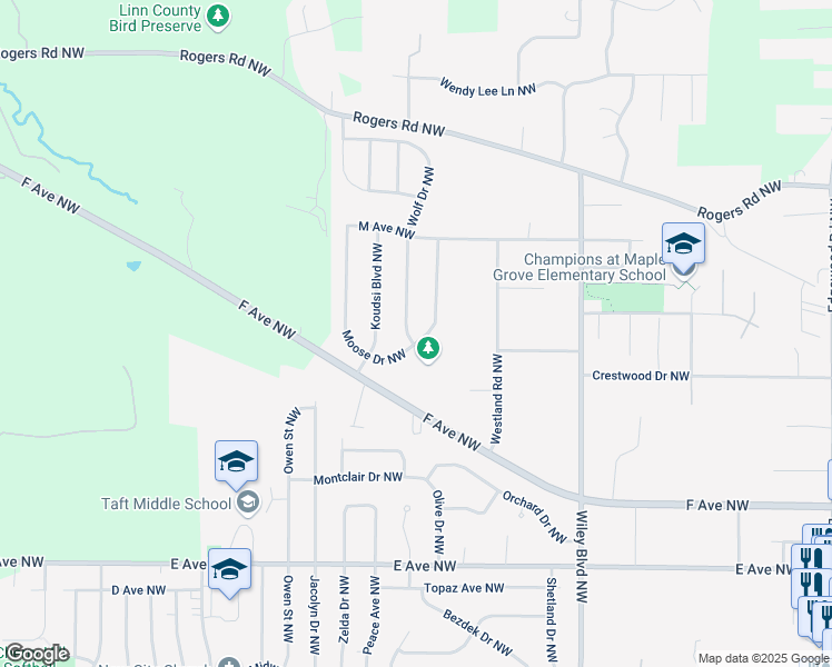 map of restaurants, bars, coffee shops, grocery stores, and more near 1001 Wolf Drive Northwest in Cedar Rapids