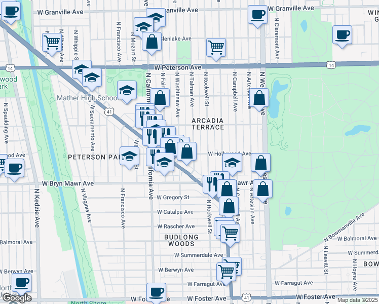 map of restaurants, bars, coffee shops, grocery stores, and more near 5700 North Talman Avenue in Chicago