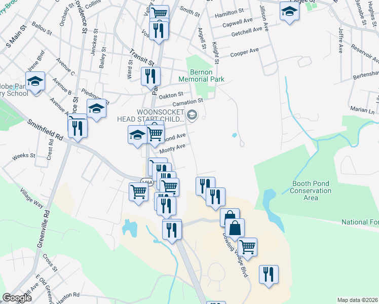 map of restaurants, bars, coffee shops, grocery stores, and more near 219 Cranston St in Woonsocket