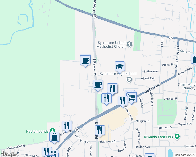 map of restaurants, bars, coffee shops, grocery stores, and more near 540 South Peace Road in Sycamore