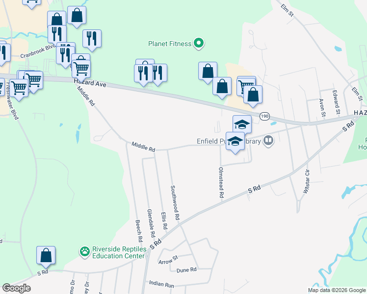 map of restaurants, bars, coffee shops, grocery stores, and more near 70 Middle Road in Enfield