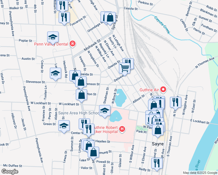 map of restaurants, bars, coffee shops, grocery stores, and more near 128 Stedman Street in Sayre