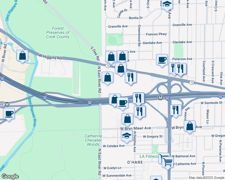 map of restaurants, bars, coffee shops, grocery stores, and more near 8725 West Higgins Road in Chicago
