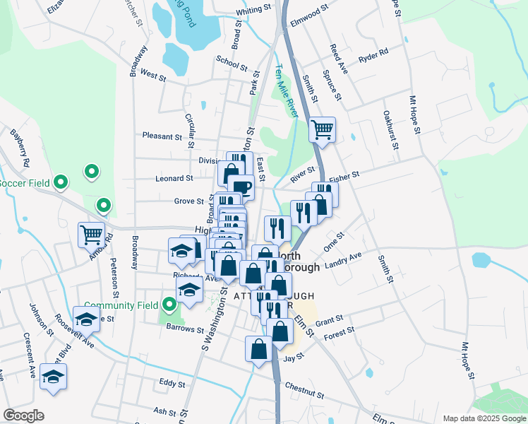 map of restaurants, bars, coffee shops, grocery stores, and more near 142 East Street in North Attleborough