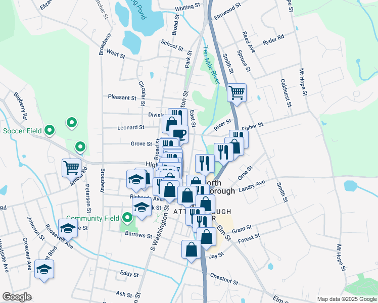 map of restaurants, bars, coffee shops, grocery stores, and more near 142 East Street in North Attleborough