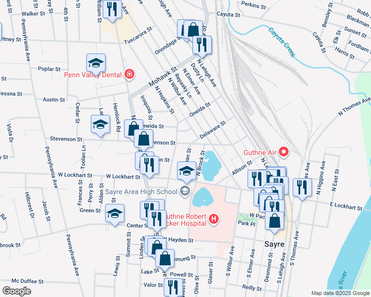 map of restaurants, bars, coffee shops, grocery stores, and more near 128 Stedman Street in Sayre