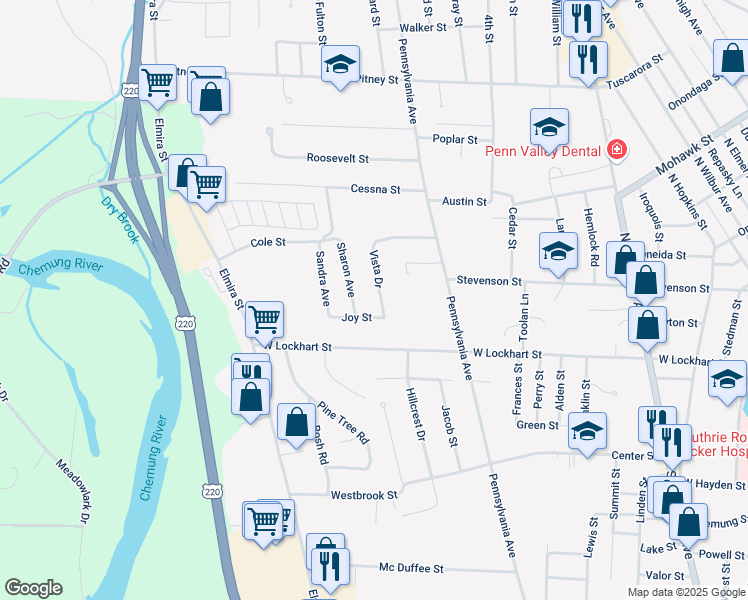 map of restaurants, bars, coffee shops, grocery stores, and more near 200-298 Sharon Avenue in Sayre