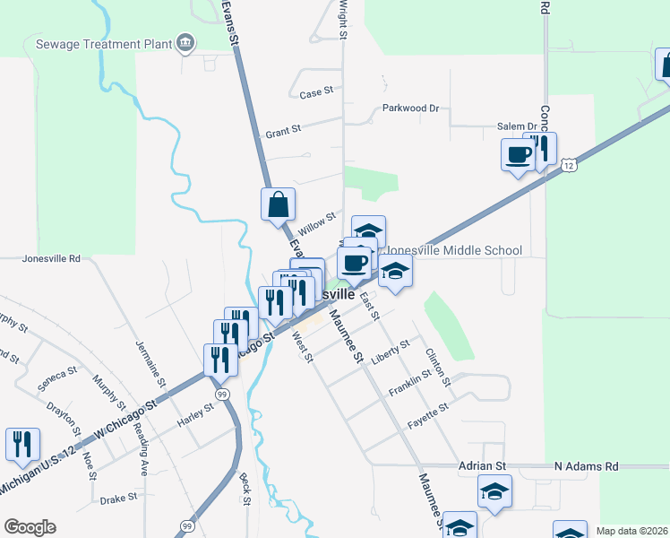map of restaurants, bars, coffee shops, grocery stores, and more near 311 Park Street in Jonesville