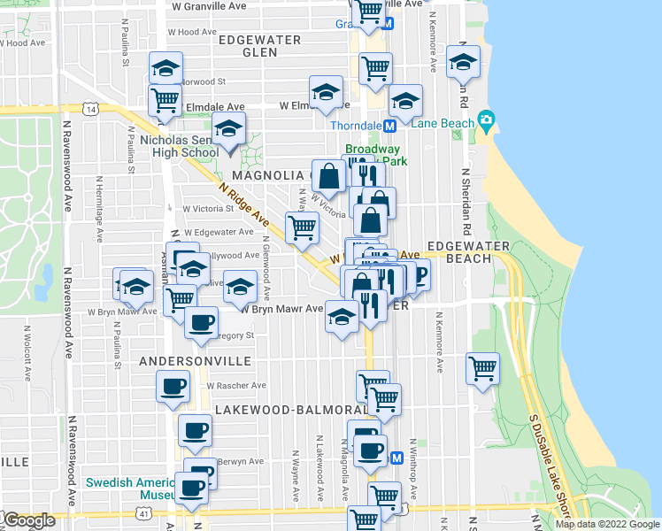 map of restaurants, bars, coffee shops, grocery stores, and more near 5648 North Magnolia Avenue in Chicago