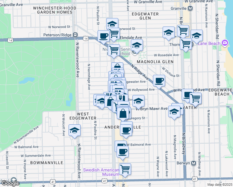 map of restaurants, bars, coffee shops, grocery stores, and more near 5659 North Clark Street in Chicago