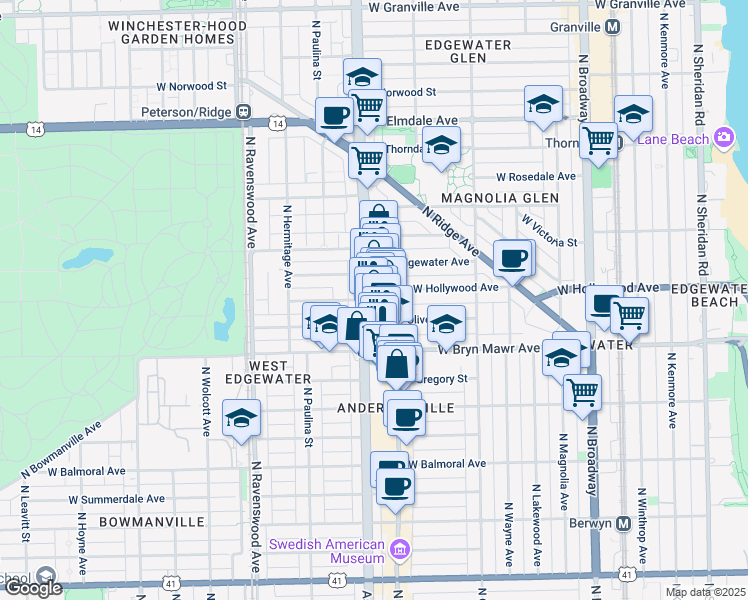 map of restaurants, bars, coffee shops, grocery stores, and more near 5659 North Clark Street in Chicago