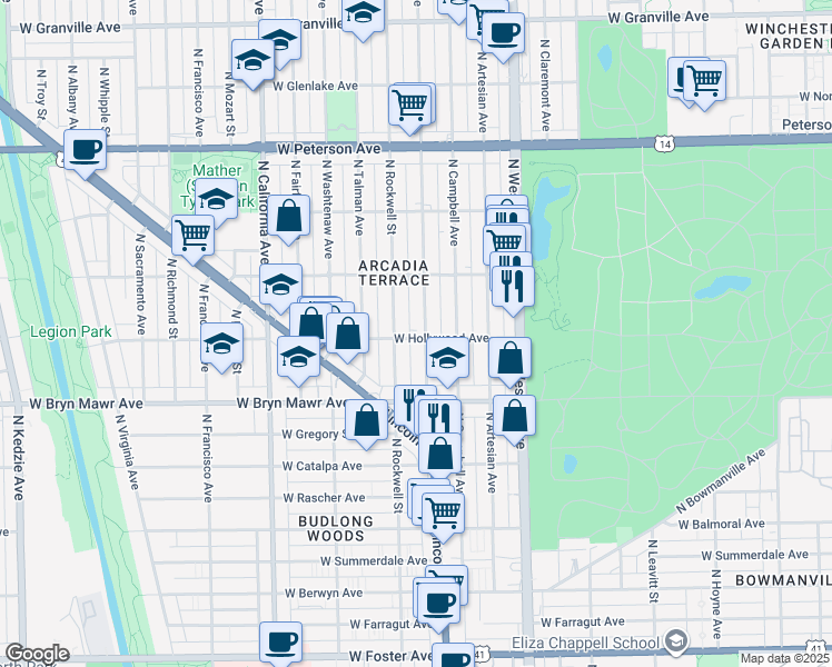 map of restaurants, bars, coffee shops, grocery stores, and more near 5705 North Maplewood Avenue in Chicago