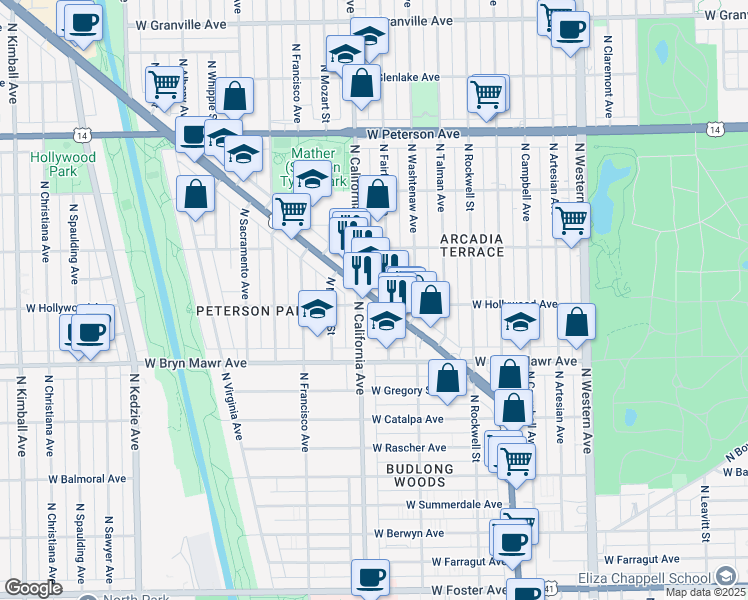 map of restaurants, bars, coffee shops, grocery stores, and more near 5656 North Lincoln Avenue in Chicago