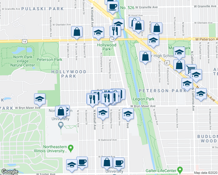 map of restaurants, bars, coffee shops, grocery stores, and more near 3262 West Hollywood Avenue in Chicago