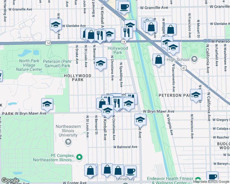 map of restaurants, bars, coffee shops, grocery stores, and more near 5701 North Christiana Avenue in Chicago